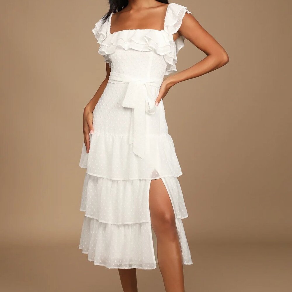 Lulu's Dear To My Heart White Swiss Dot Tiered Ruffled Midi Dress